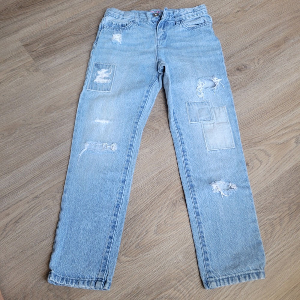 The Childrens Place Girls Girlfriend Jeans 8 Light Wash Patched Distressed Denim